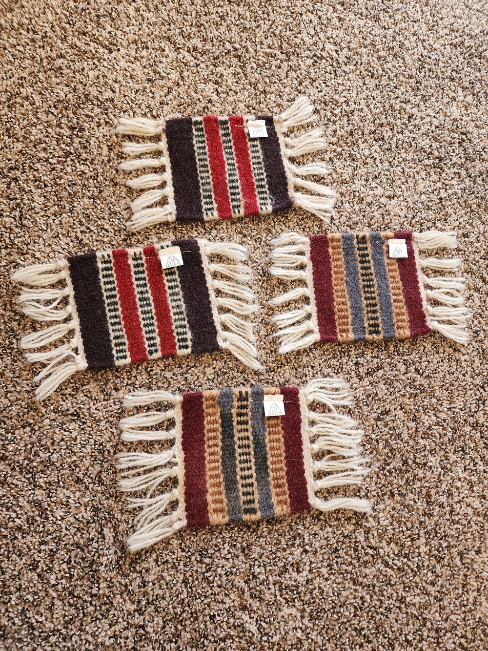 Handwoven Wool Stripe Coasters with Fringe - Red, Brown, Tan, Cream (Set of 4)
